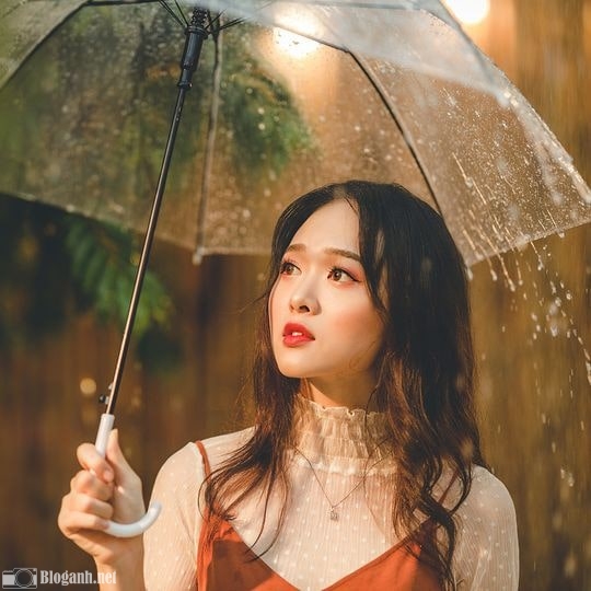 cô gái, ô trong suốt, trời mưa